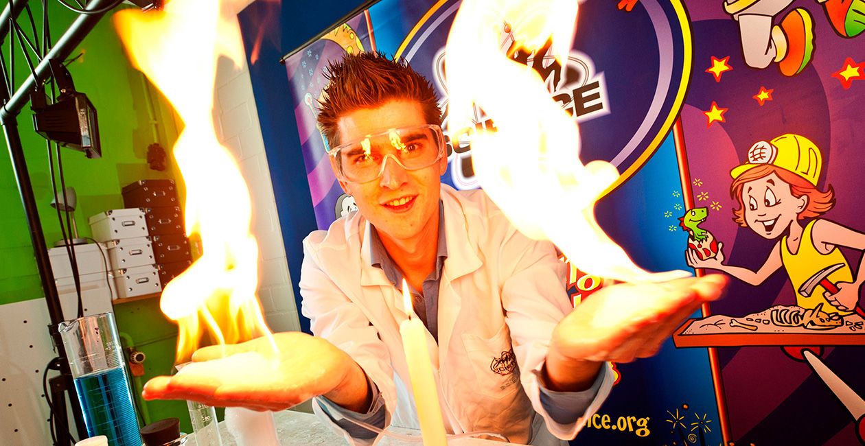 mad scientist with fire in both hands