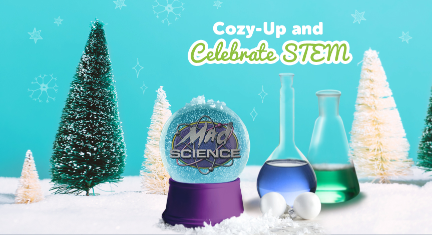 Mad science logo in a snow globe on a bed of snow with a 2 flasks, and multiple pine trees.